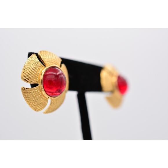 Sarah Cov Vintage Flower Red Cabochon Earrings Post Gold SC Signed 1980s BinAZ - Picture 4 of 12